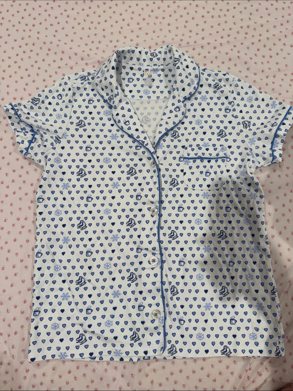 Roller Rabbit short sleeve polo pajama blue, snowflake heart print